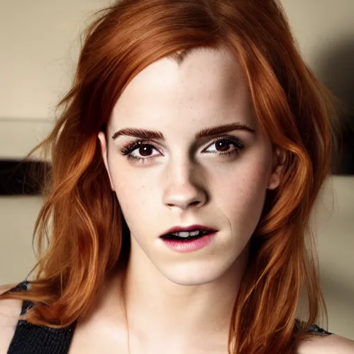 Prompt: redhead emma watson smoking cigar, wearing bikini, close up portrait photo, 8 k,