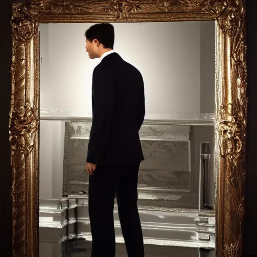 Image similar to endless reflections of a man in a mirror, dark suit, by sergey belik