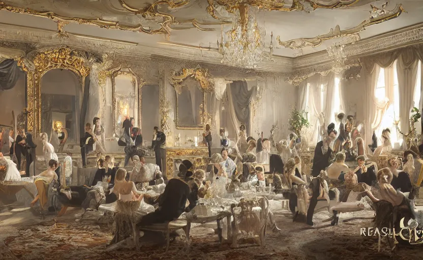 Image similar to realist rococo painting of a 1 9 2 0 s grand party in a beautiful mansion, many partygoers, strong contrast, unreal engine, hyper realism, realistic shading, cinematic composition, realistic render, octane render, detailed textures, photorealistic, ultrawide shot, 3 5 mm film