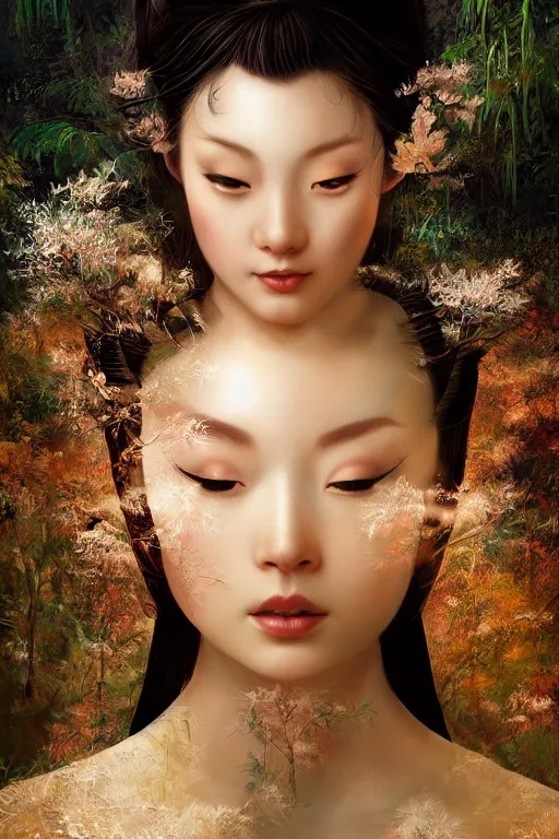 Image similar to stunningly beautiful, frost geisha prima ballerina in jungle, symmetrical face, golden hour, smooth, focus, highly detailed, hyper realistic, dramatic lighting, elegant, intricate, concept art, art by wlop, mars ravelo, greg rutowski, artstation