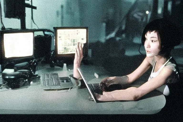 Prompt: alien catgirl using a computer to check her email submerged in translucent goo, over the shoulder perspective, in 1 9 8 5, y 2 k cybercore, industrial low - light photography, still from a kiyoshi kurosawa movie