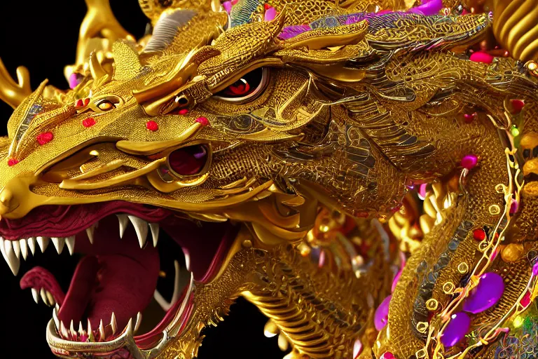 Prompt: cinematic closeup portrait of a gold and silver chinese dragon intricately decorated with colorful jewels, detailed textures, nighttime city lights, strong bokeh, dramatic lighting, unreal engine, cgsociety, artstation, 4k