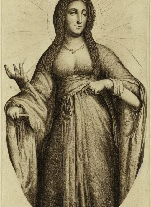 Prompt: an engraving of Madonna