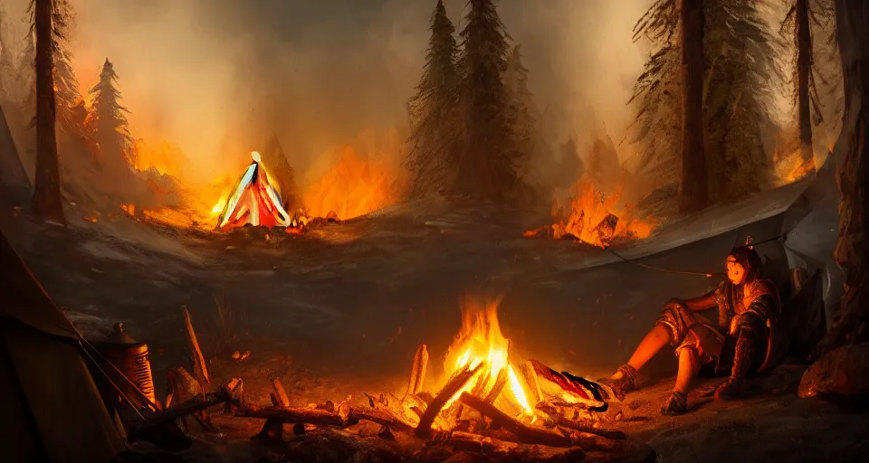 Image similar to an epic fantasy adventurer's tent left alone with a smoldering camp fire, 4 k, extremely detailed. award winning, trending on artstation, 8 k, ultra wide angle