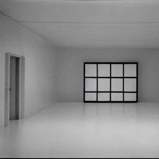 Prompt: a large cubic white room with no objects, misterious, 3 d perspective, still from movie by stanley kubrick