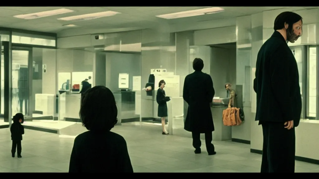 Image similar to the strange! creature! in line at the bank, film still from the movie directed by Denis Villeneuve with art direction by Salvador Dalí, wide lens