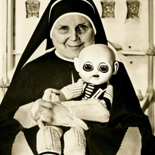 Image similar to a nun in church holding chucky the killer doll on her lap