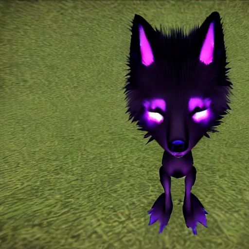 Image similar to second life game screenshot close up of a fluffy black fox with pretty purple eyes