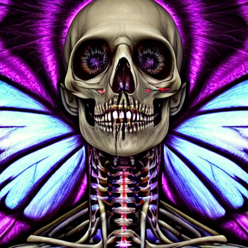 Image similar to a portrait of a skelton with moth wings, highly detailed, digital photo, hdri, by christopher bretz and john carpenter, vivid colors, high contrast, 8 k resolution, intricate, photorealistic, smooth, psychedelic color scheme, concept art, award winning, cg society contest winner