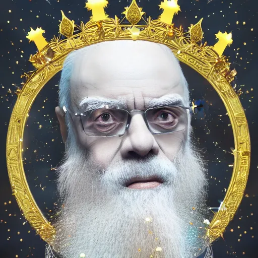 Prompt: James Randi with a diamond jeweled crown with a golden crown, photo-realistic, highly detailed, 8k, in the art style of Filip Hodas, 8k