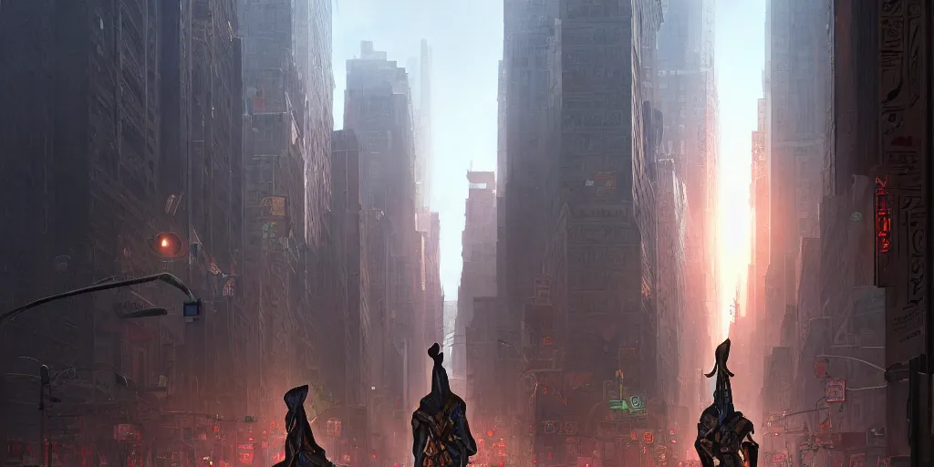 Image similar to an egyptian god walking the streets of new york, digital art, landscape, fantasy art, octane render, unreal engine, high detail, very realistic, by ross tran. by james gurney