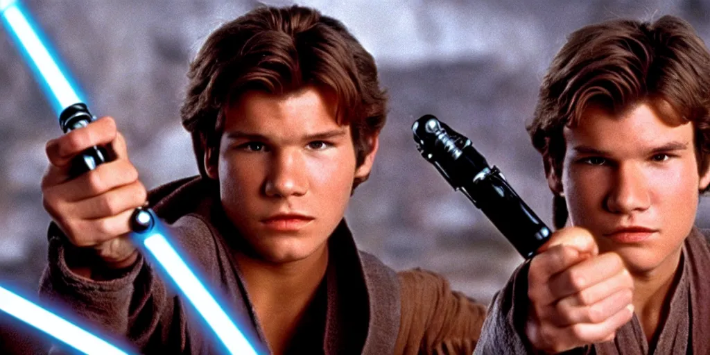 Image similar to A full color still from a film of a teenage Han Solo as a Jedi padawan holding a lightsaber hilt, from The Phantom Menace, directed by Steven Spielberg, 35mm 1990