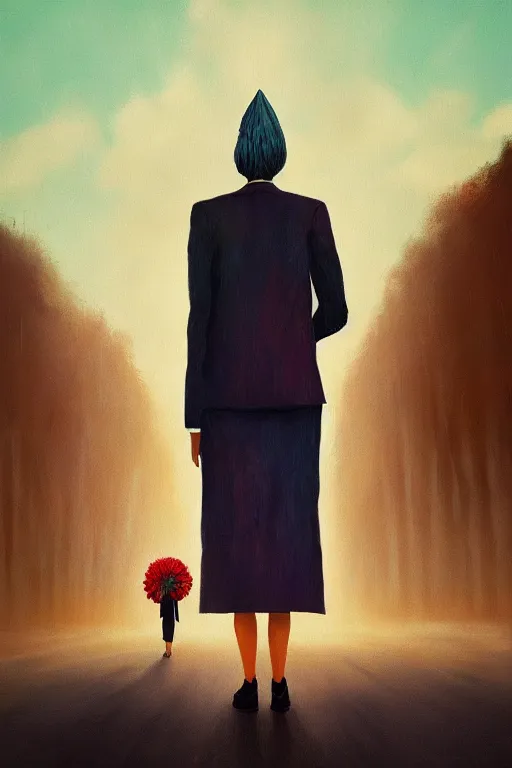 Image similar to portrait giant dahlia flower head, frontal, girl in a suit, standing in street, surreal photography, sunrise, dramatic light, impressionist painting, digital painting, artstation, simon stalenhag