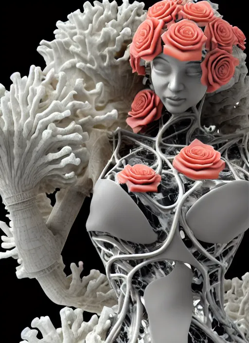 Prompt: biomechanical black marble statue carrying perfume bottle. enchanted coral kingdom made of corals, daisies, roses well contoured smooth fair walls, up close shot, sharp focus, global illumination, radiant light, alexandre ferra white mecha, irakli nadar, octane highly render, 4 k, ultra hd,