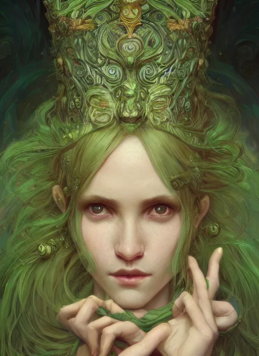 Prompt: portrait of beautiful green skin cute goblin girl, fantasy, D&D, intricate, elegant, highly detailed, digital painting, artstation, concept art, smooth, sharp focus, illustration, art by artgerm and greg rutkowski and alphonse mucha and Gustav Klimt