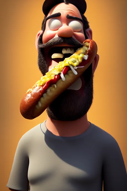 Image similar to pixar bearded man holding a hot dog, laughing, brown eyes, happy | glamorous oily soft polished rich ornate modern | weta disney pixar movie still photo | hi - fructose, sci fi fantasy, smooth, octane render, sharp focus, artstation, concept art | artgerm, mucha, rutkowski, feng zhu, wlop, loish