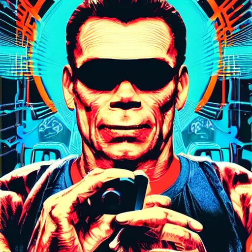 Image similar to Illustrated by Shepard Fairey and H.R. Geiger | Cyberpunk Jean claude van damme with VR helmet, surrounded by cables