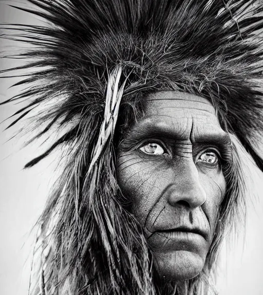 Prompt: Award winning Editorial photo of a Native Iroquois with incredible hair and hyper-detailed eyes wearing traditional garb by Edward Sherriff Curtis and Lee Jeffries, 85mm ND 5, perfect lighting, gelatin silver process