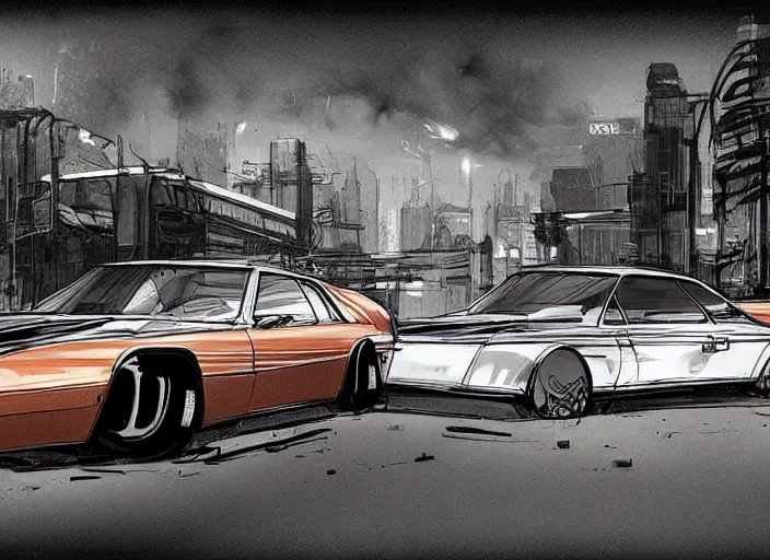 Image similar to wide view shot of a copper colored car with some black and white paint, designed by dmc and gmc, concept art style by john berky and liam wong and michael whelan.