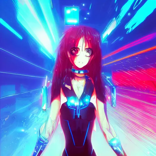 Image similar to digital anime!!, cyborg - girl standing in a azure blue crystal lake, lightning, raining!!, water refractions!!, black red long hair!, biomechanical details, neon background lighting, reflections, wlop, ilya kuvshinov, artgerm