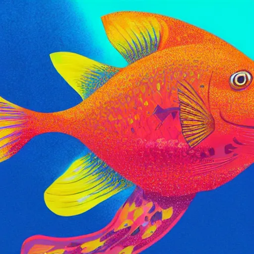 Prompt: one stylized fish with saturated colors viewed in profile in the ocean filled with very desaturated colors and complex sparkles and patterns, artstation, intricate, realistic, highly detailed, digital painting, concept art, sharp focus, illustration by tom whalen and charles williams and kilian eng and james jean