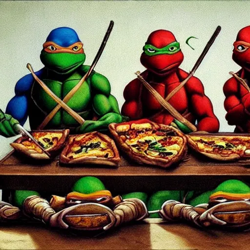 Image similar to teenage mutant ninja turtles are sitting at the table. da vinci. secret supper. coca - cola on the table. pizza on the table. realistic oil painting on canvas. great rendering