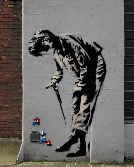 Image similar to A banksy tribute to Robin Williams, street art, detailed, gorgeous lighting