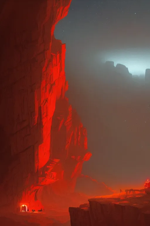 Image similar to ancient red glowing temple on a rocky cliff in a canyon, shooting stars in the black sky, dramatic lighting, artstation, matte painting, ralph mcquarrie, simon stalenhag