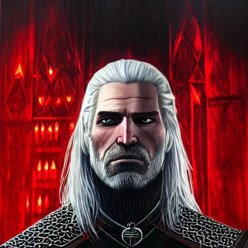 Image similar to a portrait of witcher, geralt of rivia with mordor in the background painting by elisabeth jerichau - baumann. red colors, painting, back tower, eye of sauron, oil on canvas, horizontally symmetric