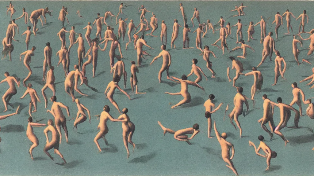 Prompt: A vintage scientific illustration from the 1970s of humans in a line endlessly jumping into a lake by René Magritte