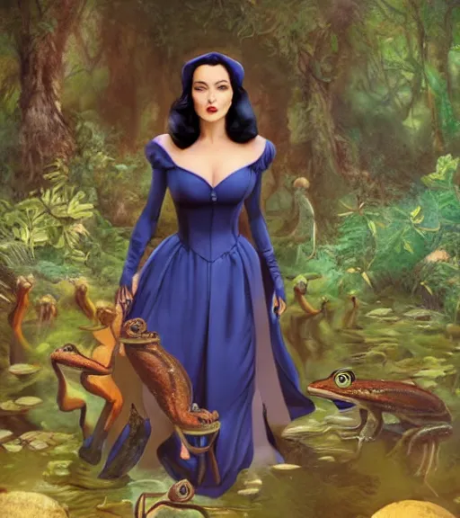 Image similar to film still of Monica Bellucci as snow white in a forest by a pond with frogs, by artgerm, makoto sinkai, magali villeneuve, Gil Elvgren, Earl Moran,Enoch Bolles, symmetrical,