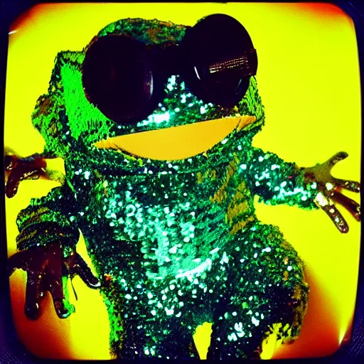 Image similar to “ disco frog wearing a sequin headband in a disco club, flashing colored lights in background, polaroid photo ”