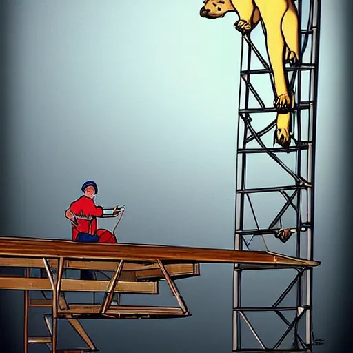 Image similar to man bear rigging a stage on a scaffold, art by dima yastronaut