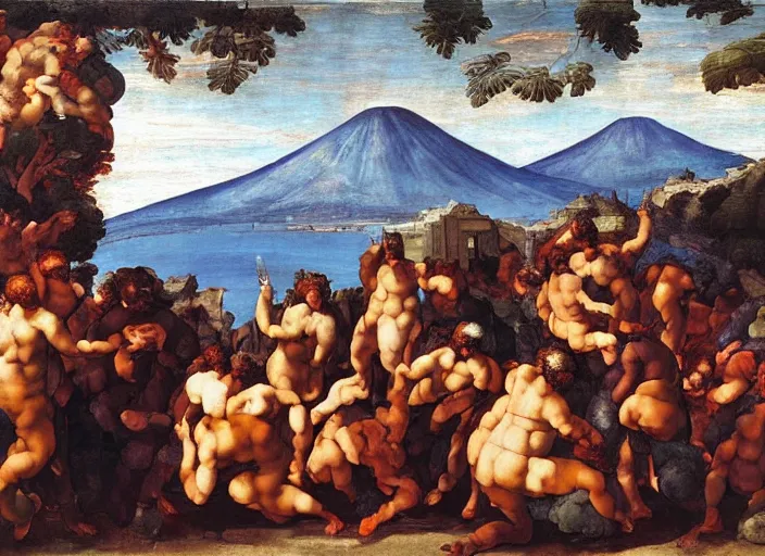 Image similar to detailed painting of average greeks drink wine and have fun against the backdrop of mount vesuvius starting to erupt by michelangelo