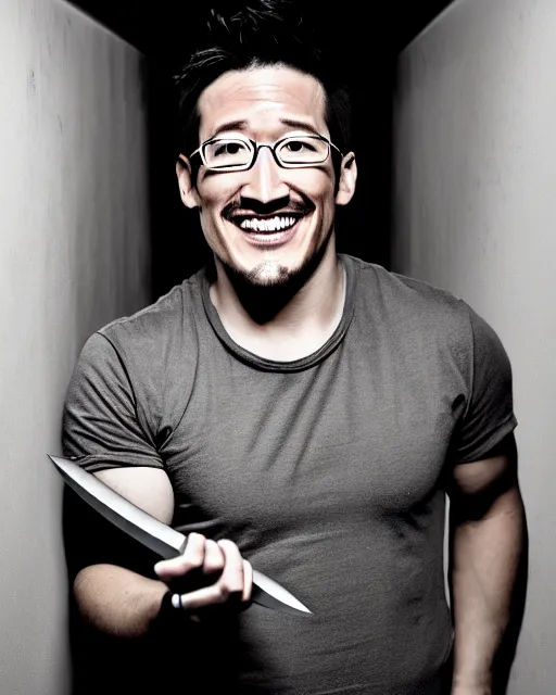 Image similar to markiplier holding a knife smiling in a dark hallway in a never ending warehouse | | epic - fine - clean, polished, trending on artstation, brush strokes