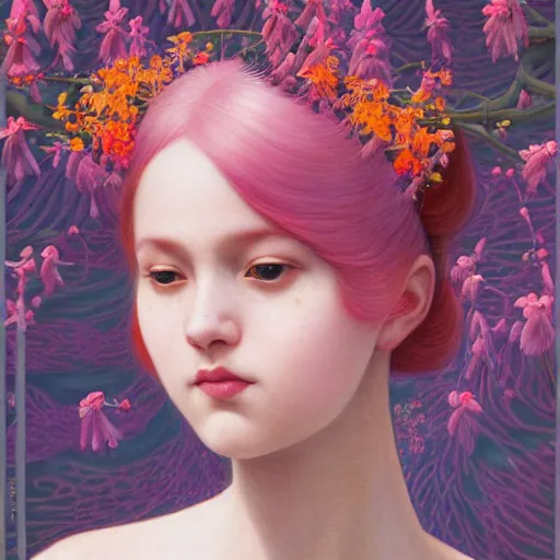 Image similar to princess bubblegum, exterior botanical garden, portrait face, colorful, frantisek kupka, intricate, miles johnston, kuroda seiki, cynical realism, ozabu, john william godward, painterly, yoshitaka amano, moebius, miles johnston, louise zhang, james jean, mark ryden lowbrow pop surrealism art style