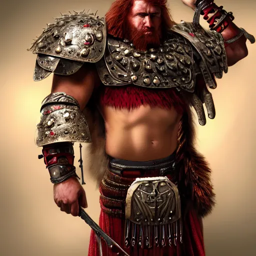 Image similar to bulky muscular scottish warrior with red hair and a kilt, tribal blood red war paintings on his chest, bronze plate armor, 4 k oil on linen by wlop, artgerm, andrei riabovitchev, nuri iyem, james gurney, james jean, greg rutkowski, highly detailed, soft lighting 8 k resolution