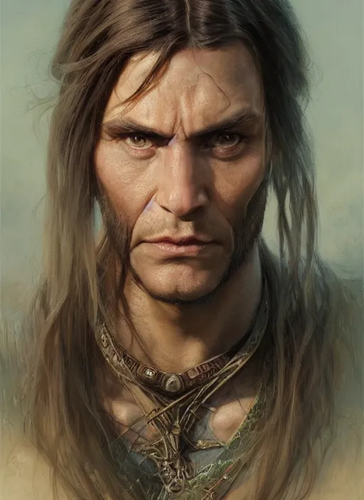 Prompt: a shaman in his late twenties with long light brown hair tied back, a large forehead, a widows peak and a round face with high cheekbones as a realistic d & d fantasy character, portrait art by donato giancola and greg rutkowski, vintage retro, realistic face, digital art, trending on artstation