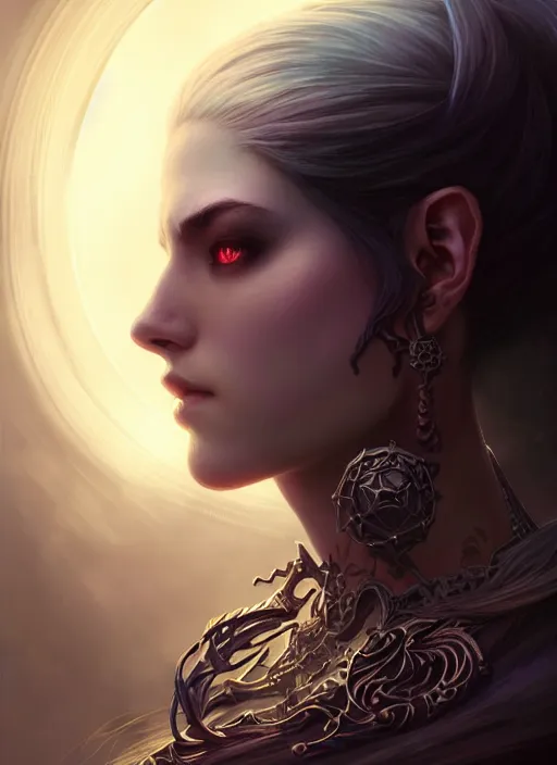 Image similar to Necromancer Sorceress, fantasy magic, undercut hairstyle, dark light night, intricate, elegant, sharp focus, illustration, highly detailed, digital painting, concept art, matte, art by WLOP and Artgerm and Greg Rutkowski and Alphonse Mucha, masterpiece