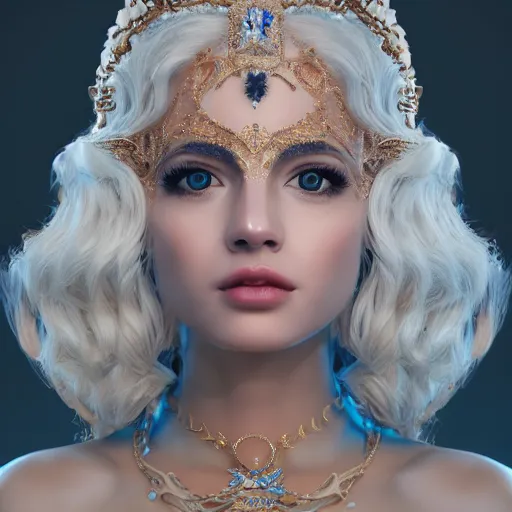 Prompt: portrait of wonderful princess of diamonds with fair skin, ornate, 8 k, gorgeous, intricate, detailed, glowing white accent lighting, dramatic lighting, octane render