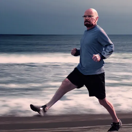 Image similar to Walter White running on the beach, artistic, 8k, cinematic, accurate, symetric, face, dramatic lighting, pastel colours