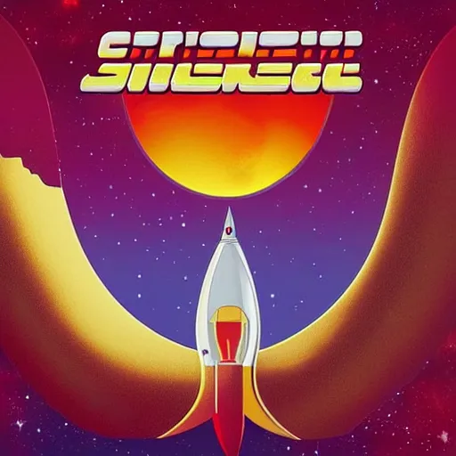 Image similar to spaceship album art, cover art, poster, rocket, queen, journey, starship band