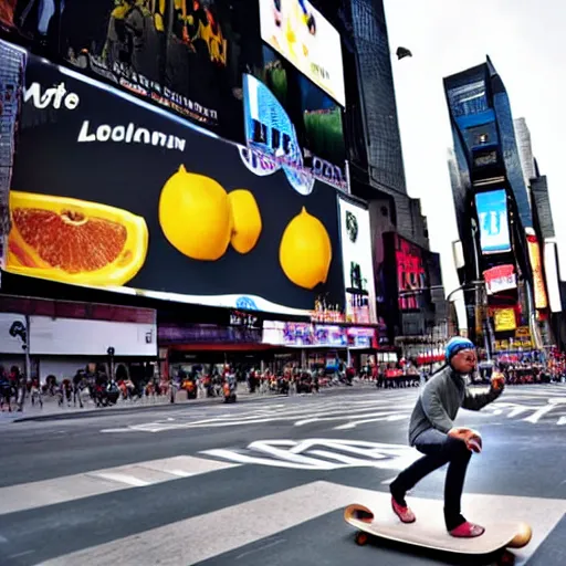 Image similar to a cool lemon riding a skateboard in times square new york