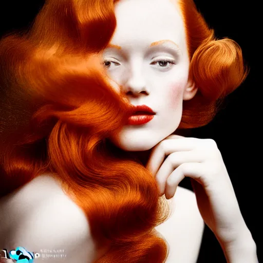 Prompt: stunning award - winning portrait by peter lindbergh of a beautiful young redhead woman. vintage hollywood glamour. glossy shiny hair. canon 5 0 mm.