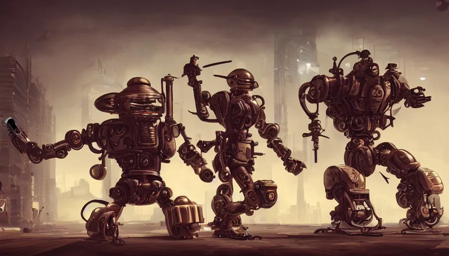 Image similar to steampunk robot and a cyberpunk robot, ready to fight, sharp focus, alexander wells, cinematic, game art, extremely detailed digital painting