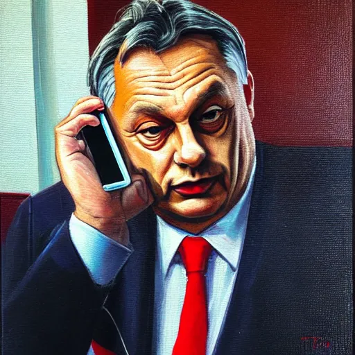 Image similar to viktor orban tiktok on his phone in a cubicle, oil painting