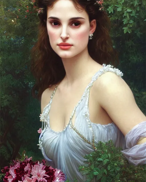 Image similar to realistic oil painting of young 1 8 - year old winona ryder or natalie portman wearing an iridescent wedding dress covered in pearls, highly detailed, intricate,, elegant, digital painting, smooth, sharp focus, illustration, ultra realistic, 8 k, by bouguereau, alphonse mucha, artgerm, and donato giancola