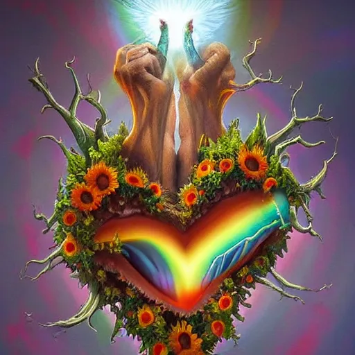 Image similar to a beautiful matte painting by Larisa Novik of an anatomically correct heart bursting out of an anatomically correct skeletal rib-cage and exploding into rainbows and sunflowers, trending on artstation hq