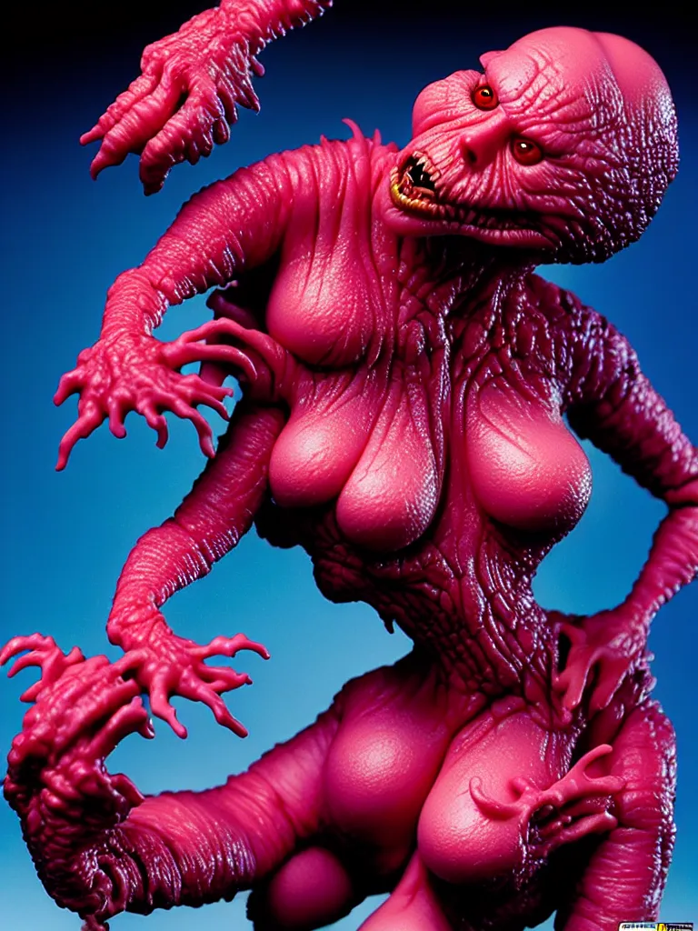 Image similar to hyperrealistic rendering, fat smooth john carpenter flesh monster natalie portman by bernie wrightson and killian eng and joe fenton, product photography, action figure, sofubi, studio lighting, colored gels, colored background