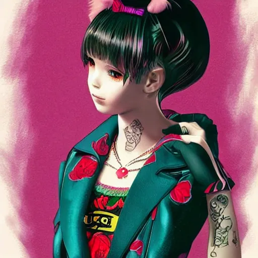 Image similar to tattooed little girl wearing an gucci's outfit. art by ilya kuvshinov, profile picture, inspired by hirohiko araki, highly detailed, 8 0 s anime art style, realistic, vogue cover